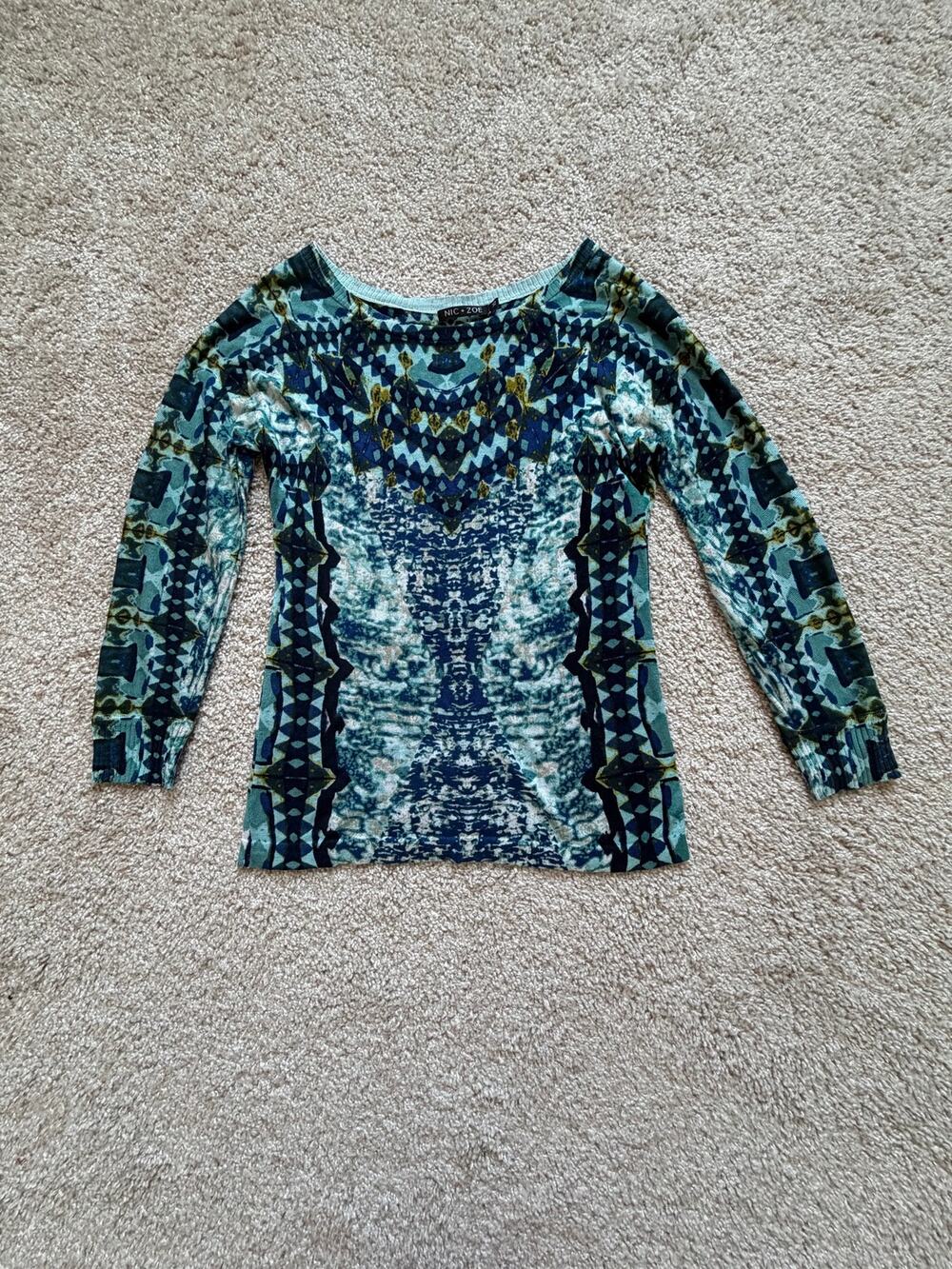 Nic + Zoe Silk Linen Blend Abstract Print Knit Top Coastal Chic Resort Luxury